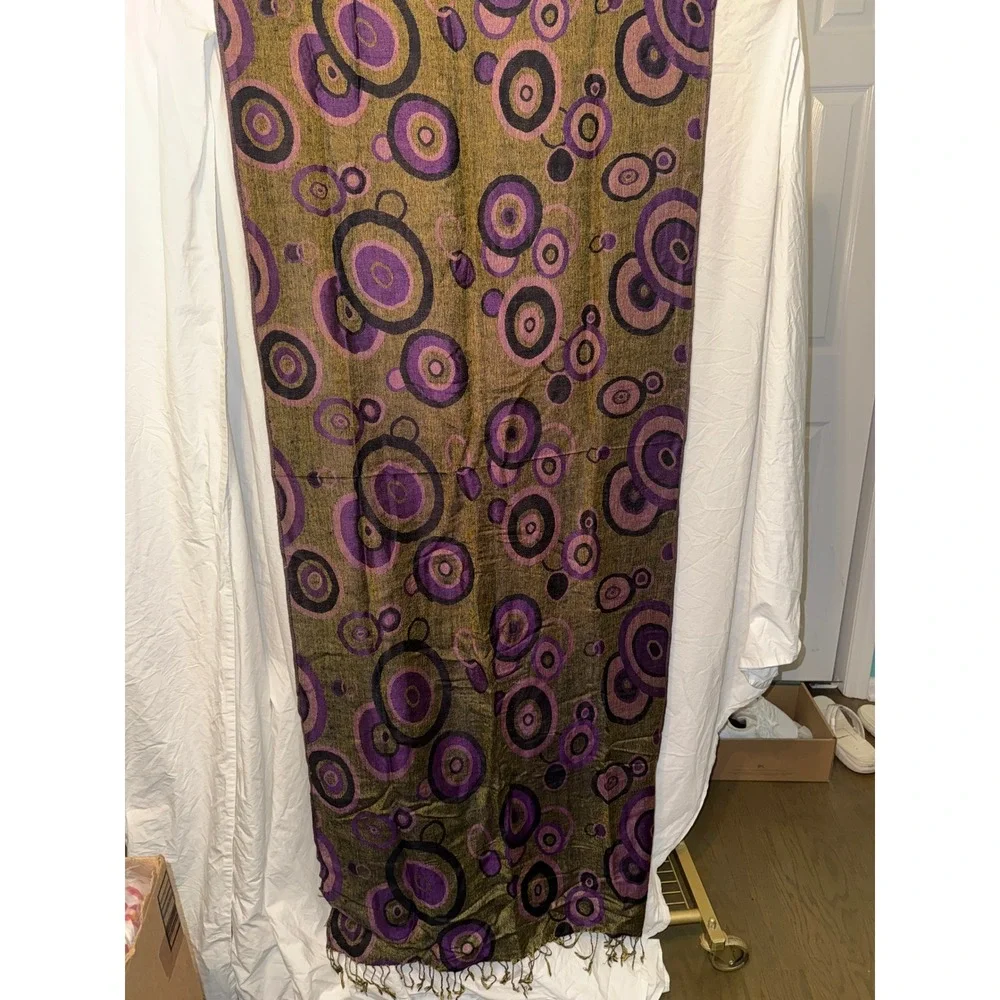 D&G Pashmina Cashmere Silk Scarf Purple Gold Circle Print Fringe Wrap Shawl